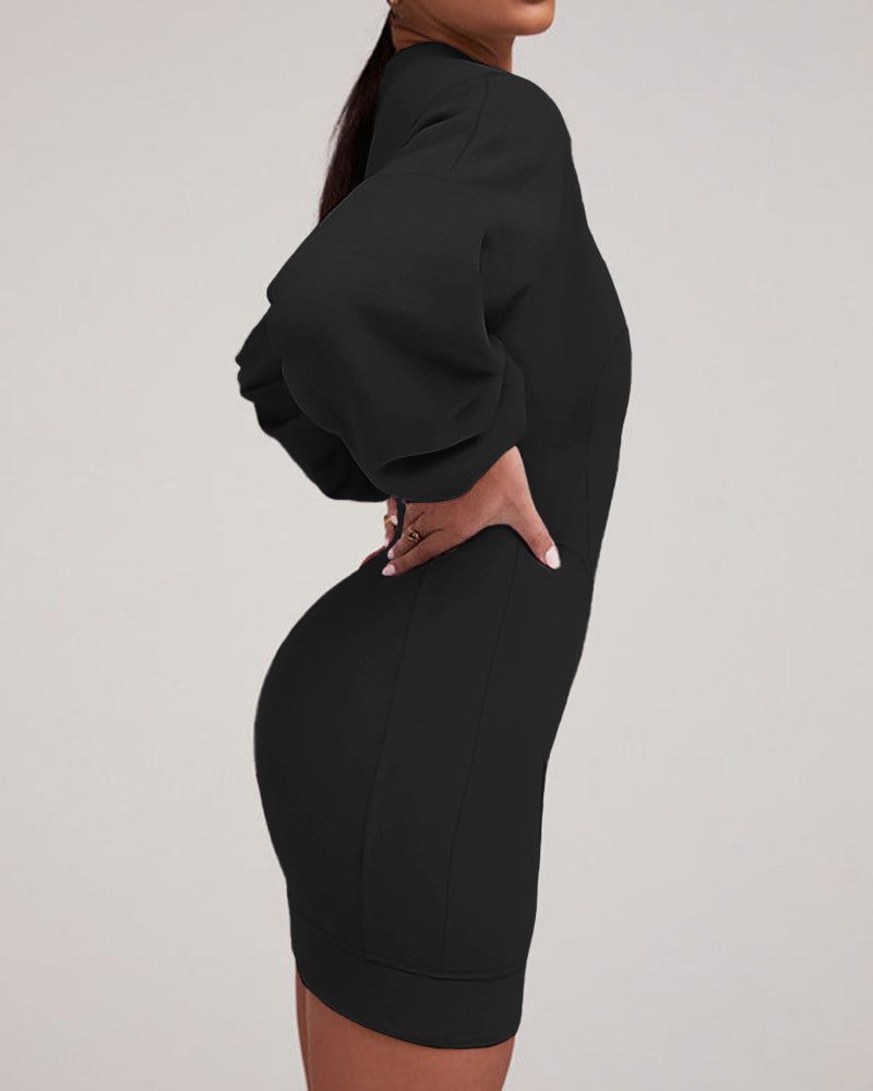 Lantern Sleeve Bodycon Pullover Sweatshirt Dress Crew Neck Mini Dress