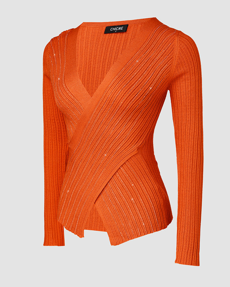 Rhinestone Decor Overlap V Neck Long Sleeve Knit Sweater Asymmetrical Hem Slim Fit Textured Pullover Top