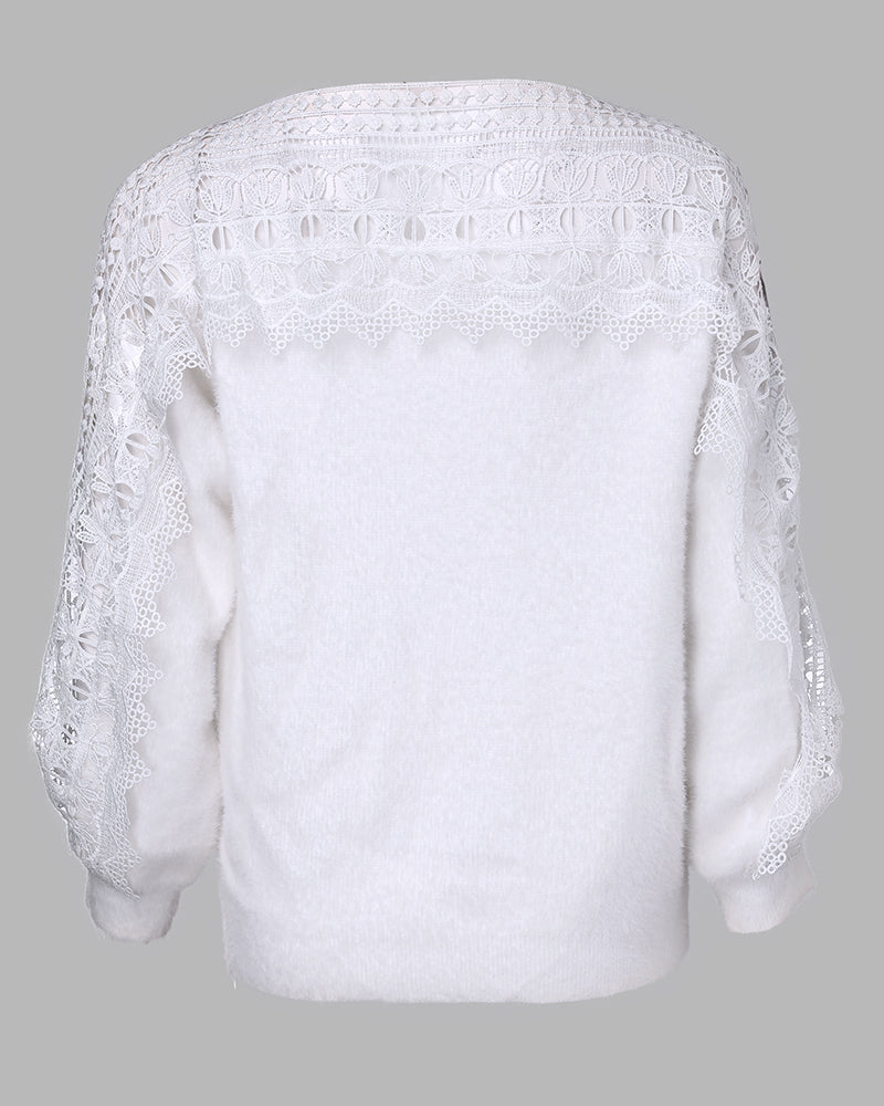 Crewneck Guipure Lace Long Sleeve Hollow Out Knit Sweaters Pullover Tops