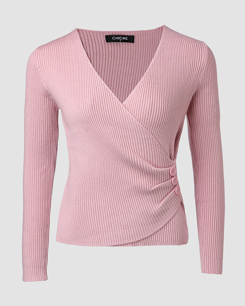 Overlap V-Neck Ruched Side Button Decor Knit Sweater Slim Fit Ribbed Pullover Top