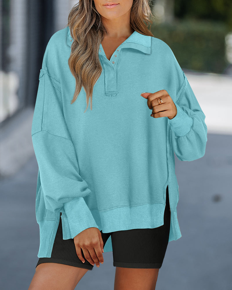 Polo Collar Long Sleeve Sweatshirt Loose Fit Side Slit Dip Hem Casual Top