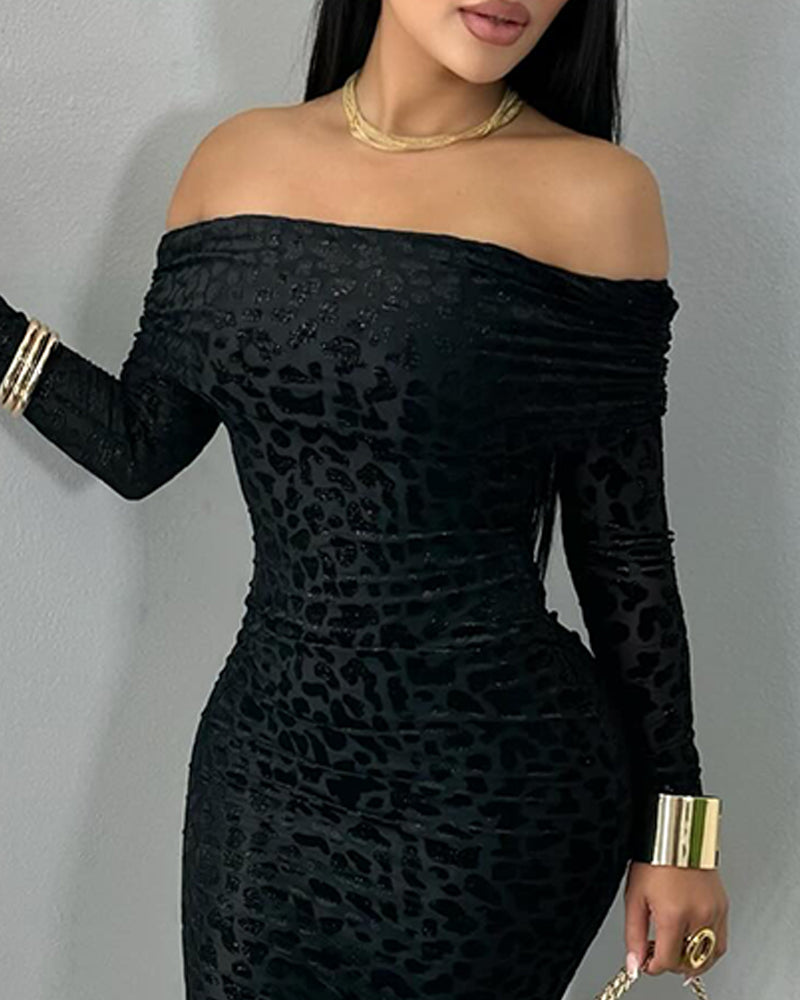 Leopard Print Off the Shoulder Long Sleeve Bodycon Dress Casual Slim Fit Flocking Party Midi Dress