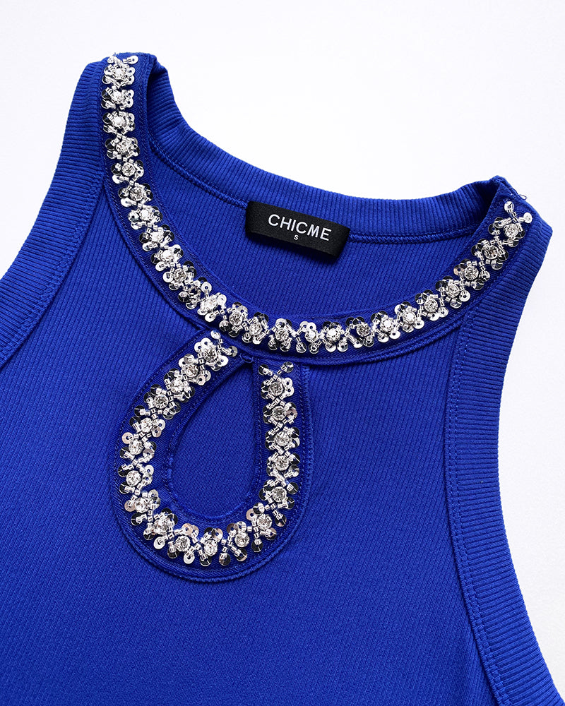 Rhinestone Contrast Sequin Keyhole Neck Sleeveless Slim Fit Elasticity Ribbed Top Elegant Tank