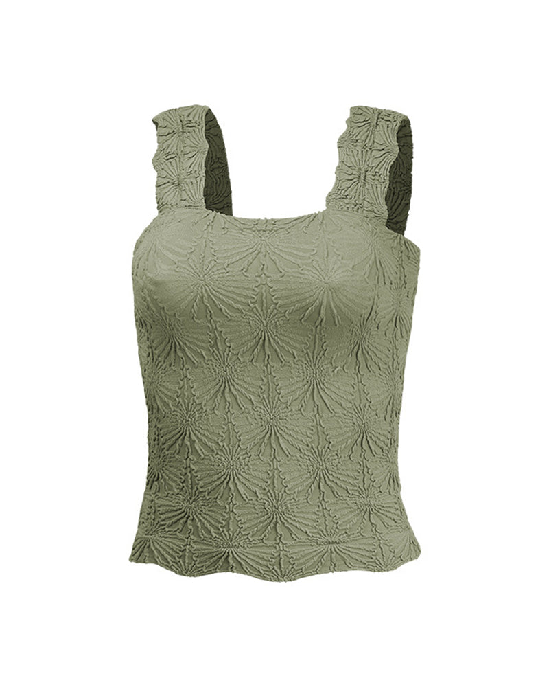 Floral Jacquard Square Neck Thick Strap Crop Tank Casual Sleeveless Top