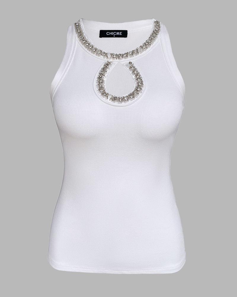 Rhinestone Contrast Sequin Keyhole Neck Sleeveless Slim Fit Elasticity Ribbed Top Elegant Tank