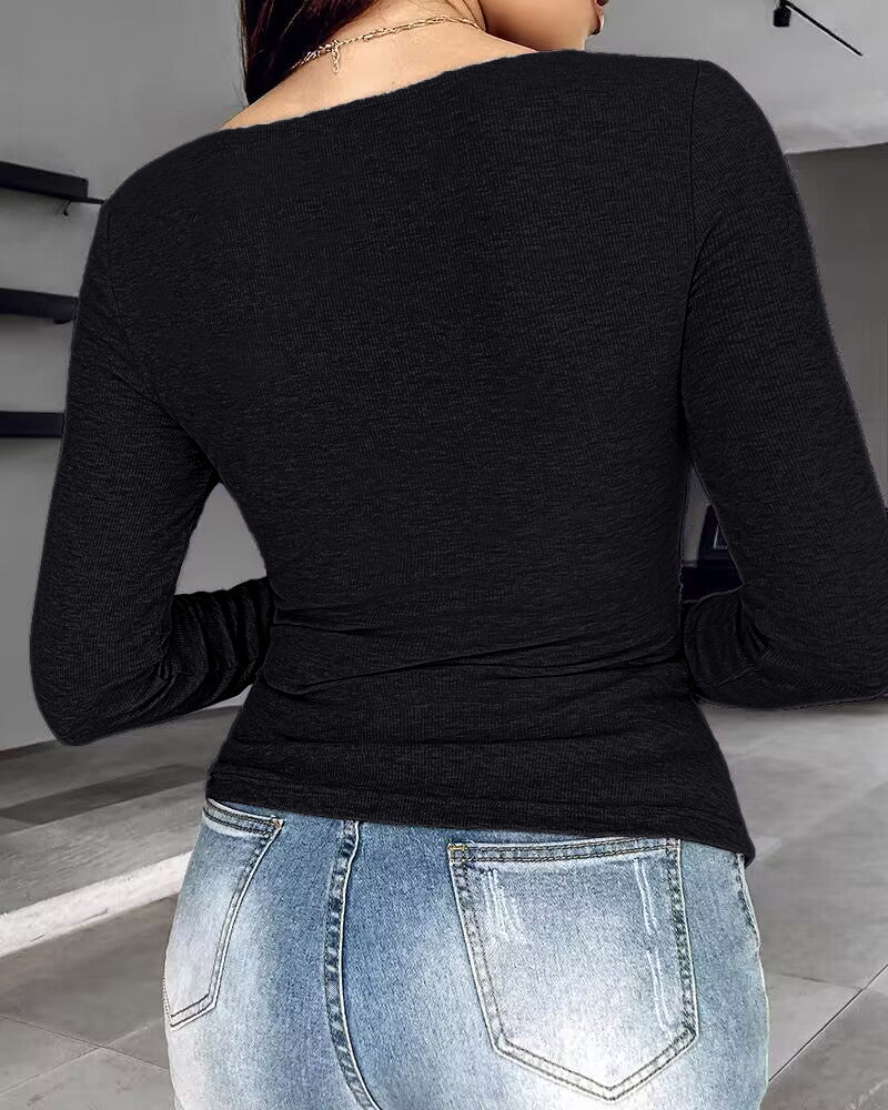 Chicme Built In Bra Notch Neck Long Sleeve Shirts Rib Knit Ruched Waist Top