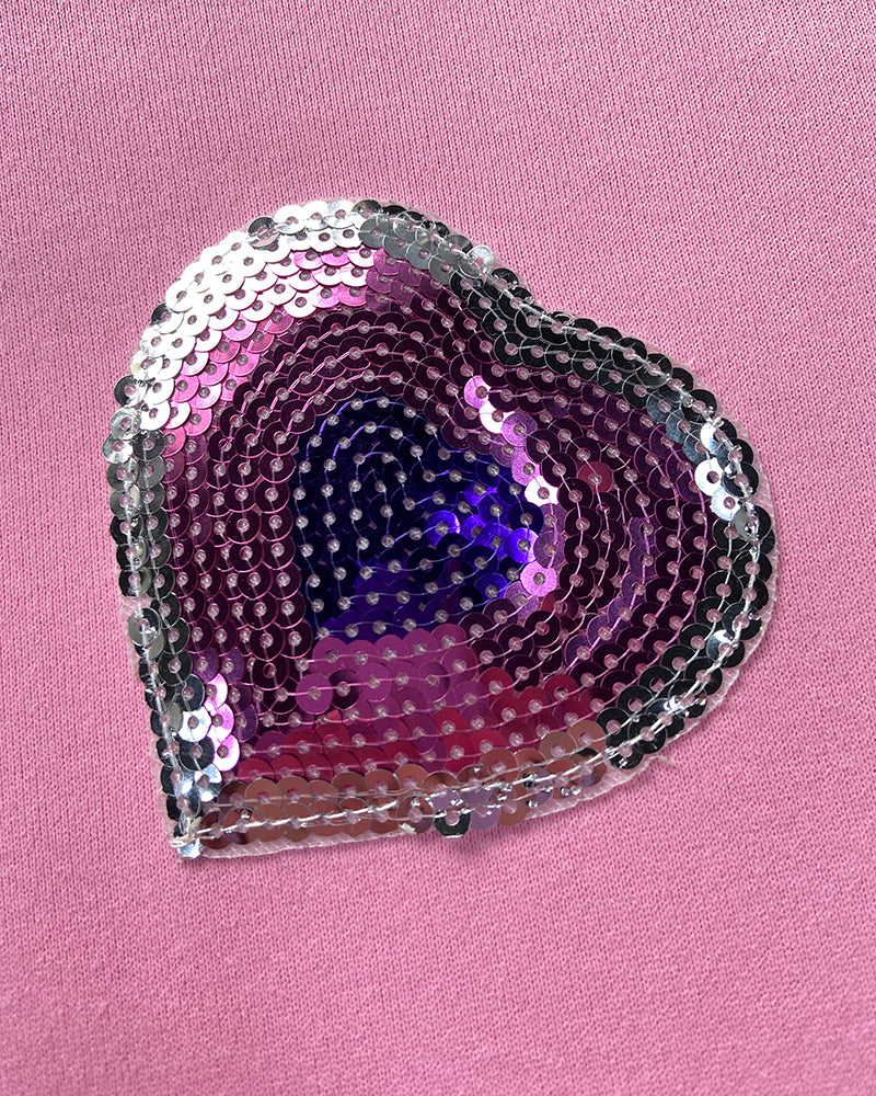 Heart Pattern Contrast Sequin O-Neck Long Sleeve Sweet Pullover Top