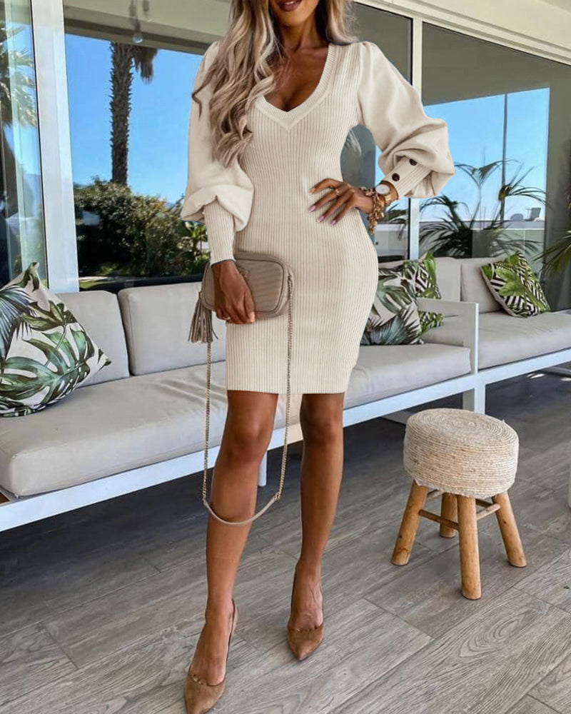 Puff Gigot Sleeve Buttoned Knit Bodycon Dress