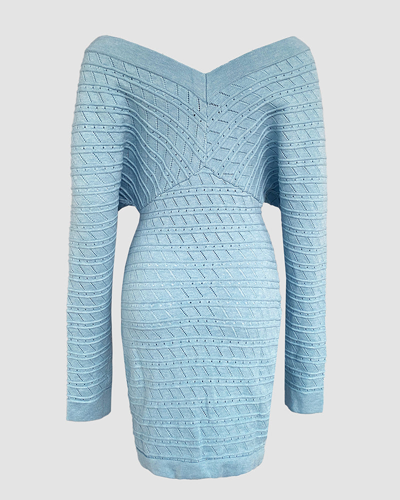 V-Neck Hollow Out Long Sleeve Knit Dress