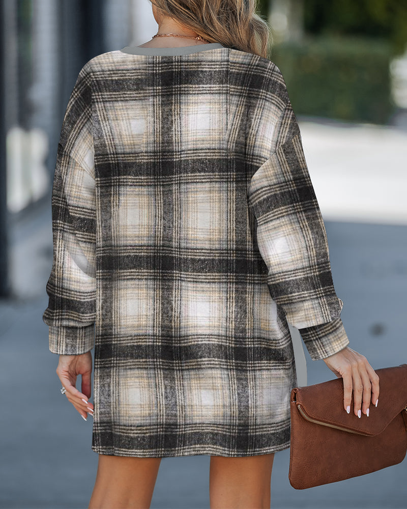 Plaid Print Spliced Long Sleeve Drop Shoulder Sweatshirt Casual Side Slit Top