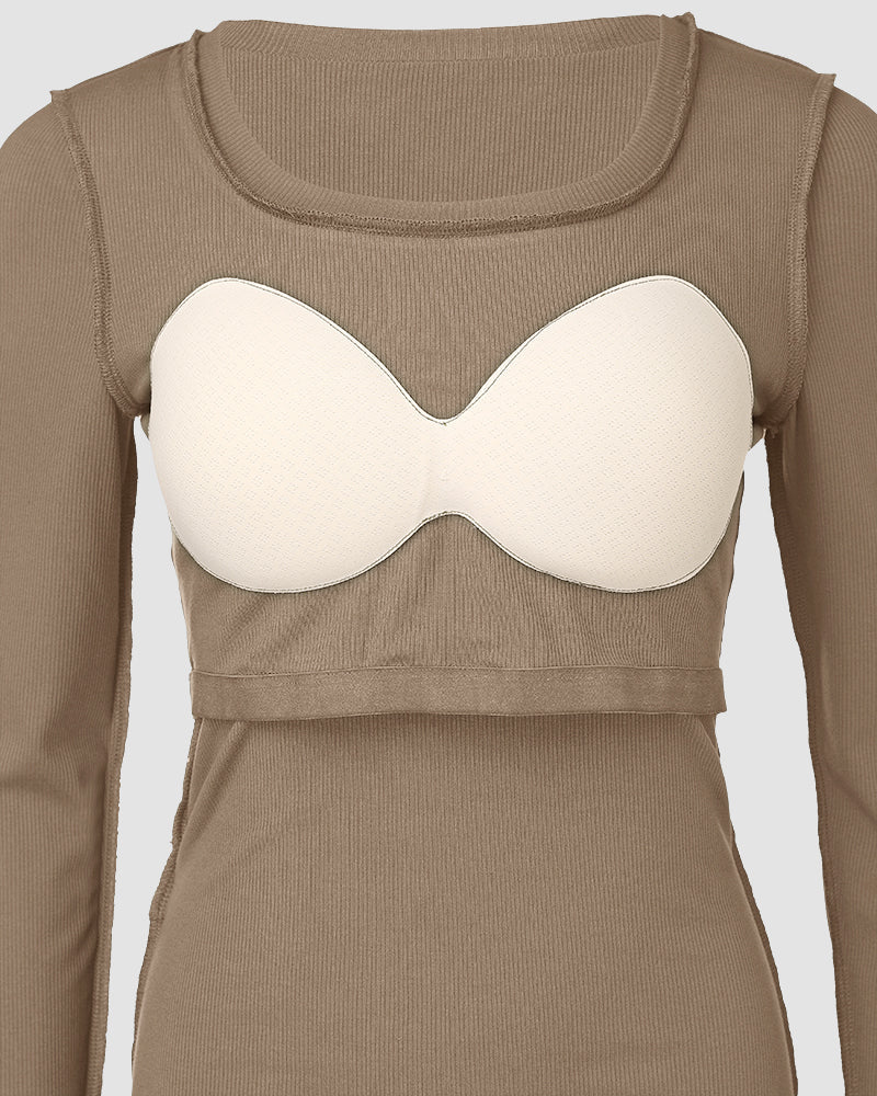 Chicme Built In Bra U Neck Long Sleeve Ribbed Top