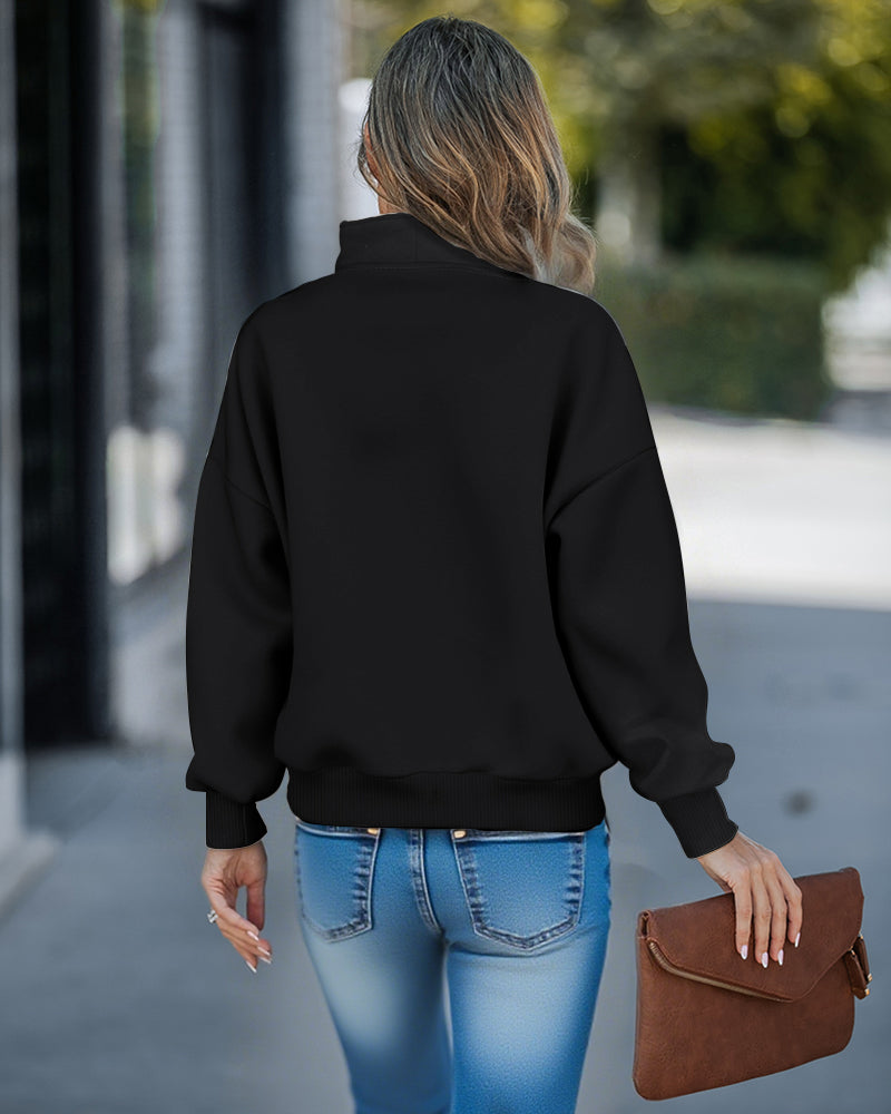 High Neck Half Zip Long Sleeve Kangaroo Pocket Sweatshirt Casual Drop Shoulder Top