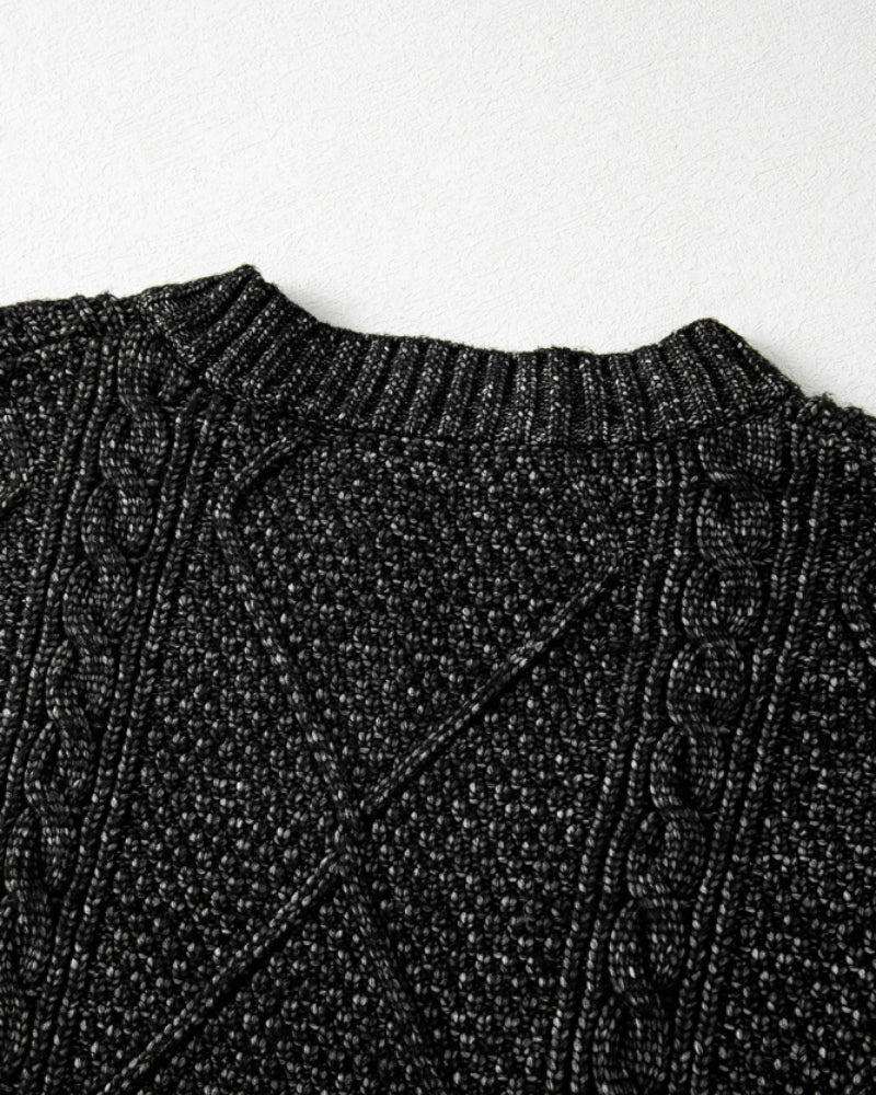 Round Neck Long Sleeve Drop Shoulder Pullover Sweater Casual Loose Fit Cable Knit Mid Length Sweater