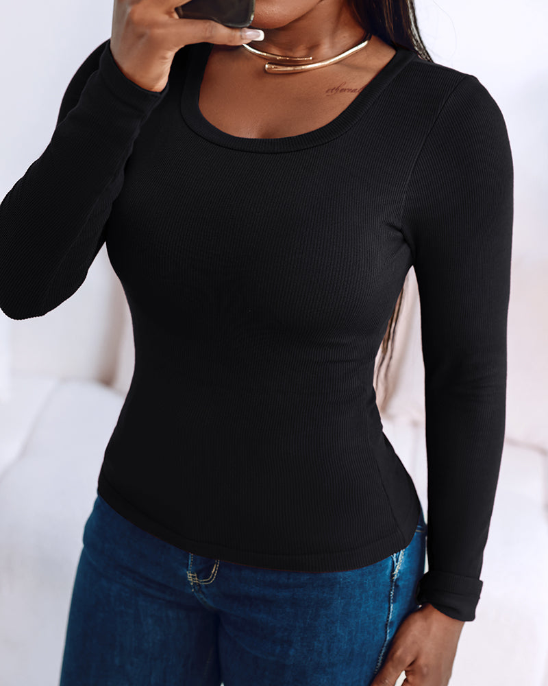 Built In Bra U Neck Tee High Stretchy Knit T-Shirt Long Sleeve Top