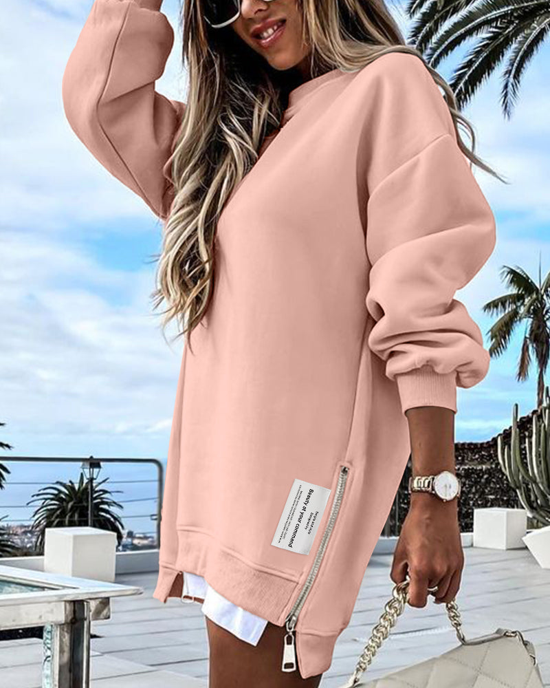 Letter Patch Detail Long Sleeve Drop Shoulder Pullover Sweatshirt Casual Zipper Side Slit Top