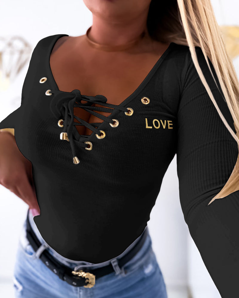 Lace-Up V-Neck Long Sleeve Ribbed Knit Shirt Casual Slim Fit Top