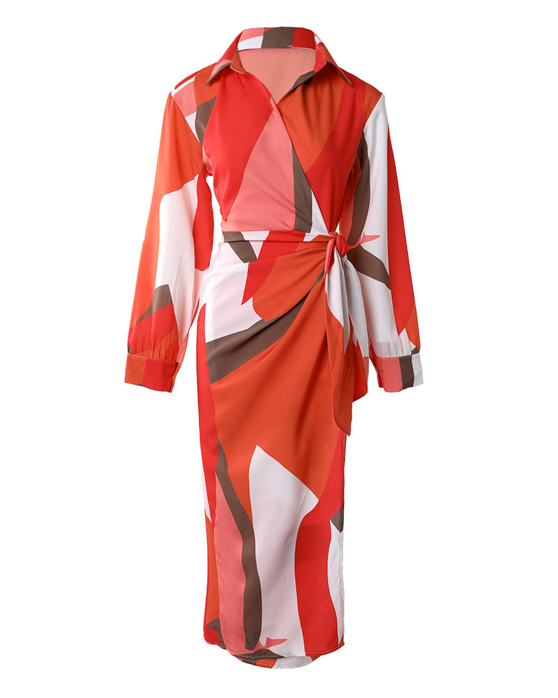 All Over Print Turn Down Collar Tied Detail Dress Casual Ruched Wrap Front Vacation Dress
