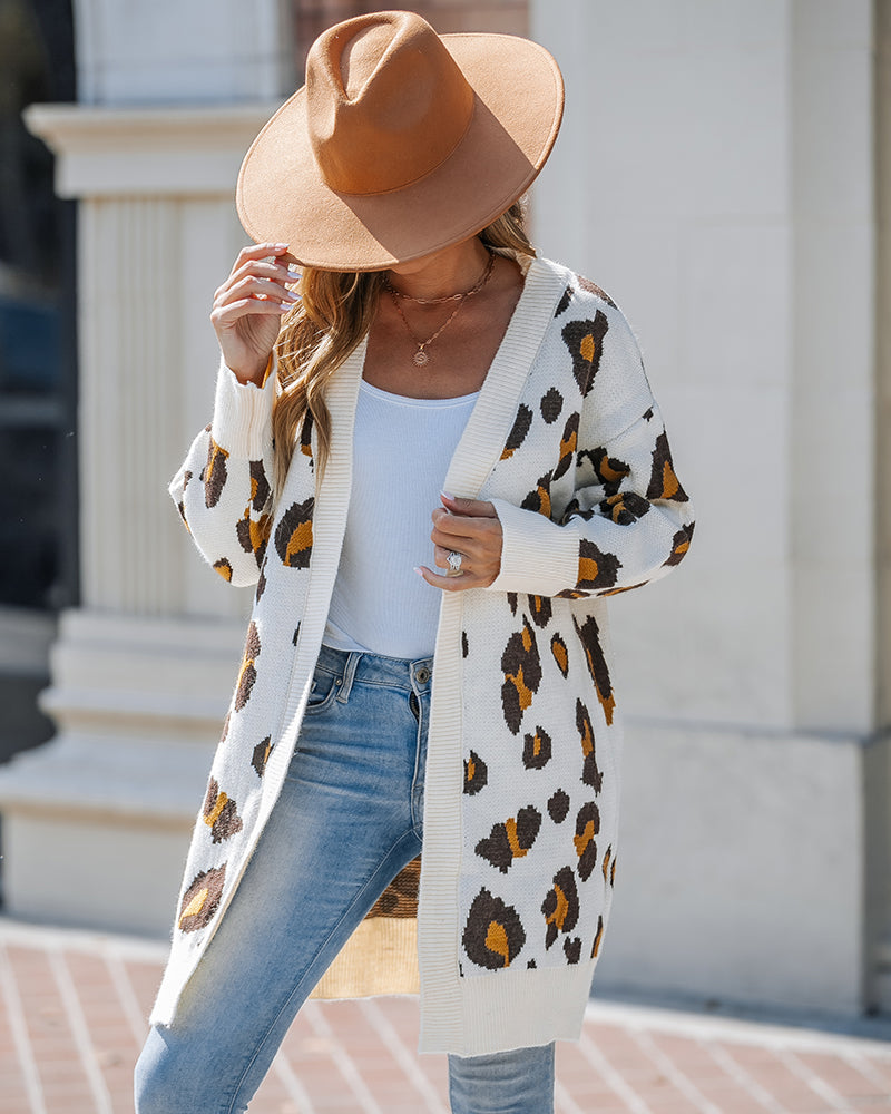 Leopard Pattern Longline Knit Cardigan Open Front Sweater