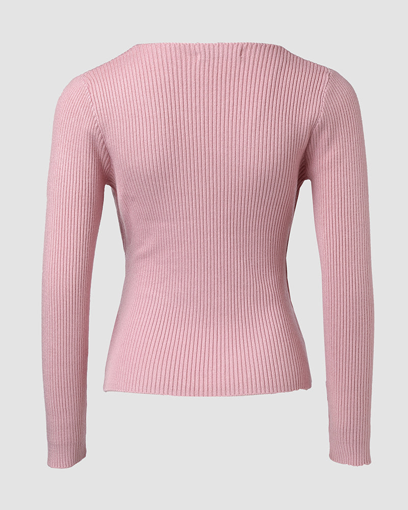 Overlap V-Neck Ruched Side Button Decor Knit Sweater Slim Fit Ribbed Pullover Top