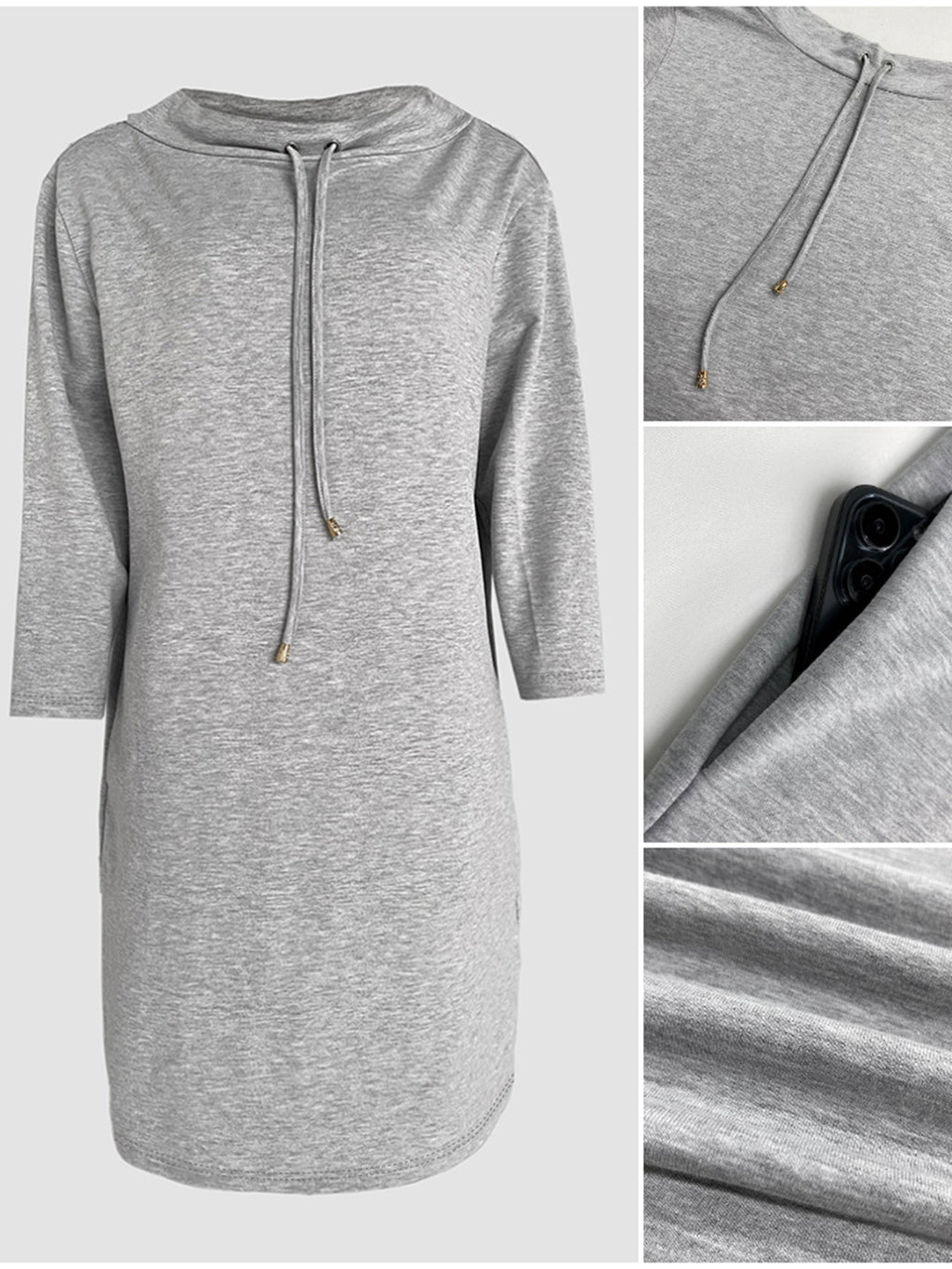 Stand Collar Drawstring Three Quarters Sleeve Casual Sweatshirt Dress