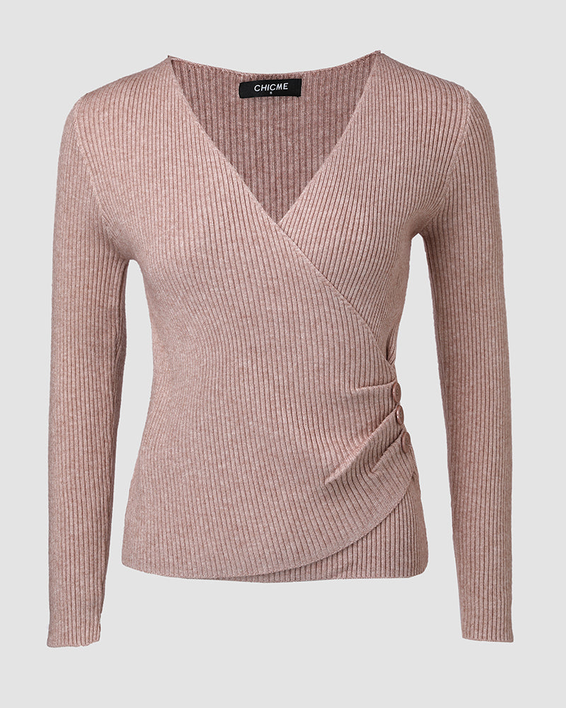 Overlap V-Neck Ruched Side Button Decor Knit Sweater Slim Fit Ribbed Pullover Top