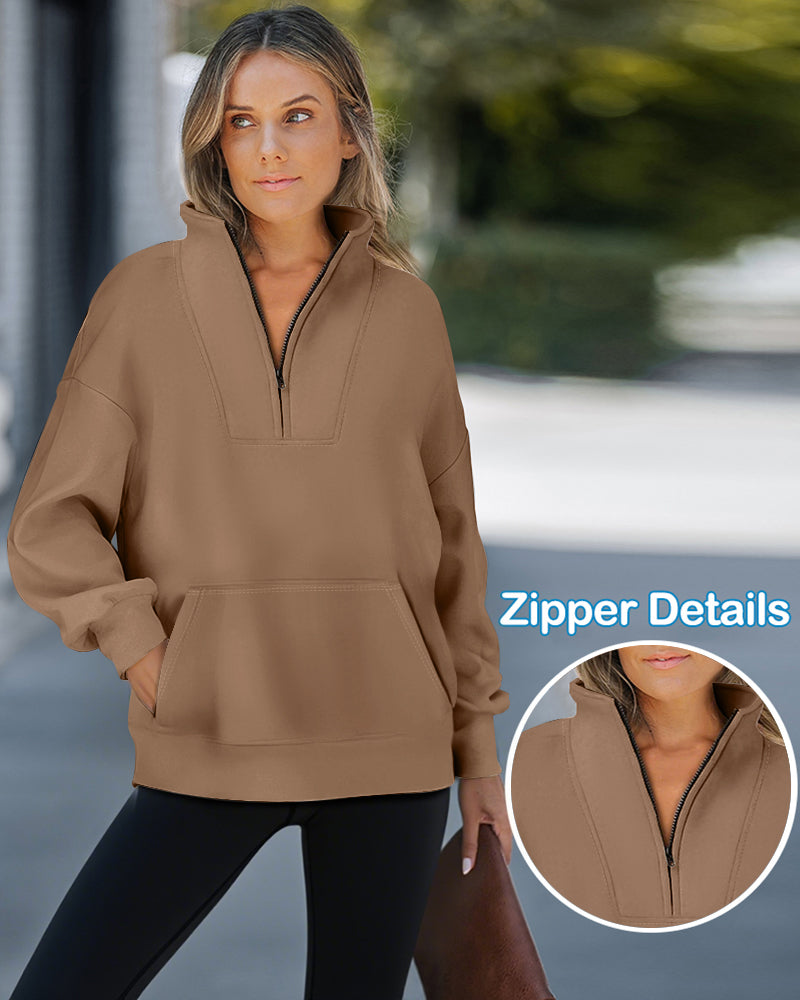 High Neck Half Zip Long Sleeve Kangaroo Pocket Sweatshirt Casual Drop Shoulder Top