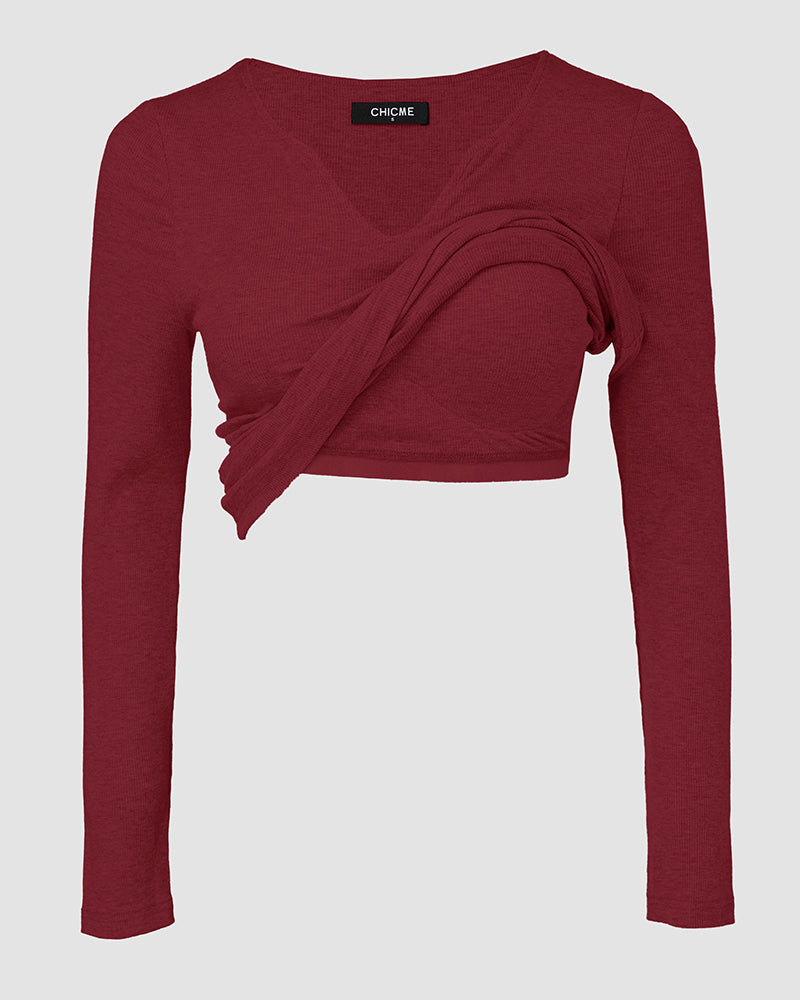 Chicme Built In Bra Notch Neck Long Sleeve Shirts Rib Knit Ruched Waist Top