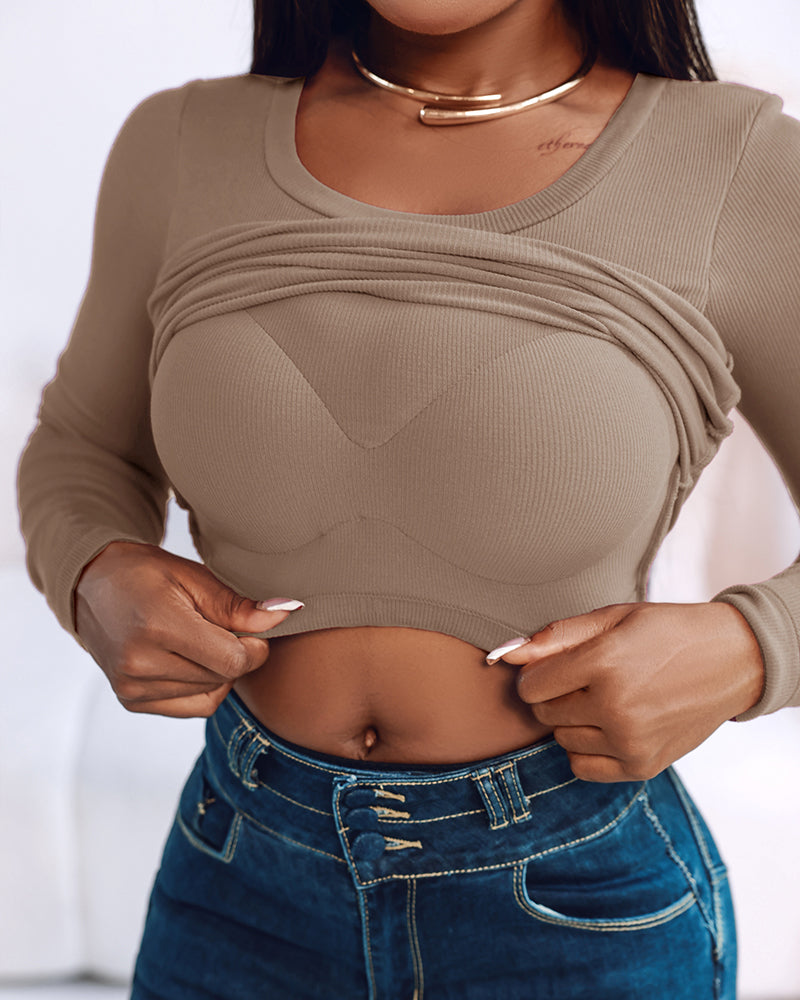 Built In Bra U Neck Tee High Stretchy Knit T-Shirt Long Sleeve Top