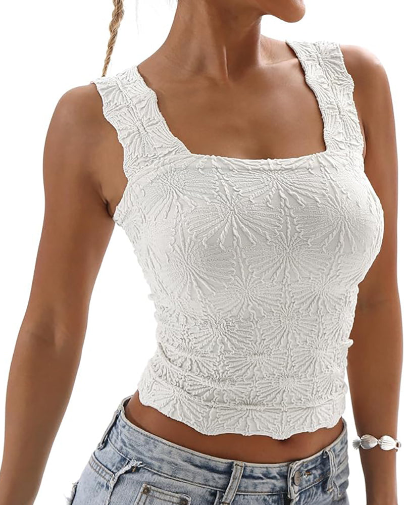 Floral Jacquard Square Neck Thick Strap Crop Tank Casual Sleeveless Top