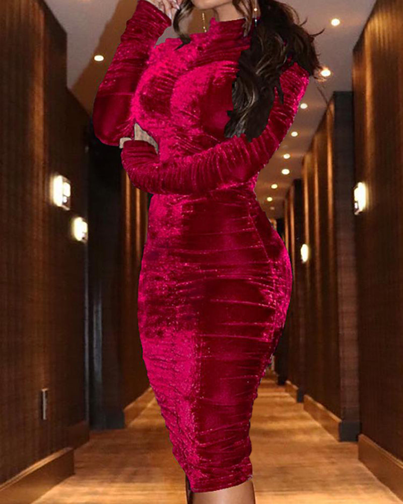 Velvet Mock Neck Ruched Bodycon Dress