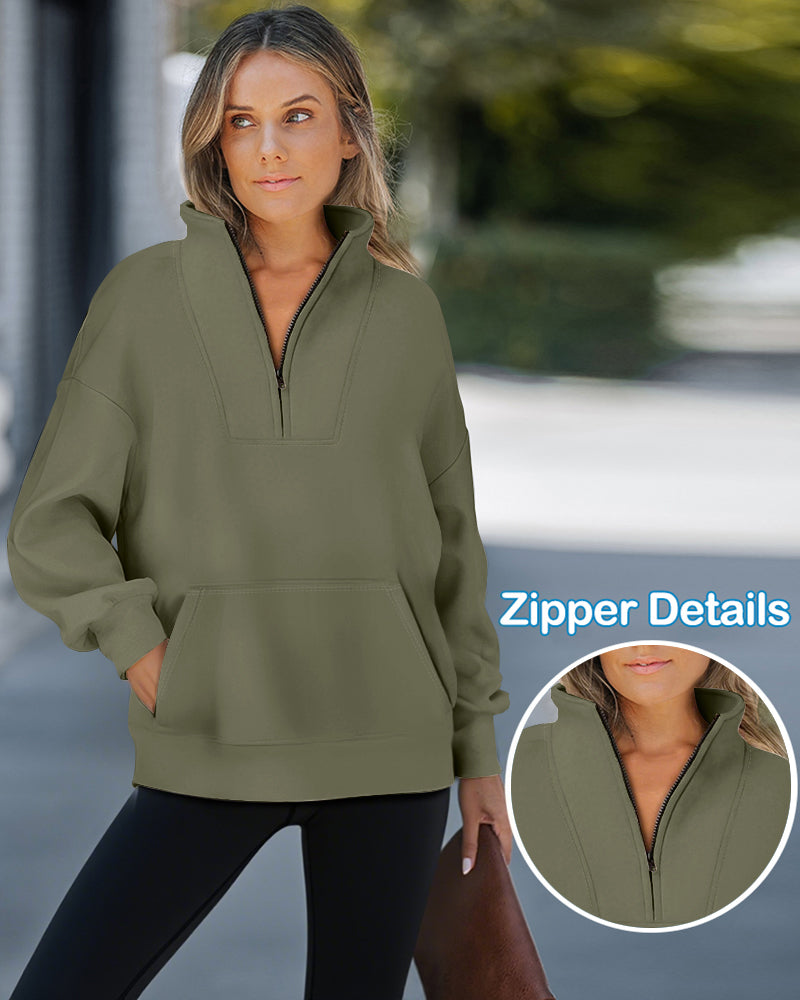 High Neck Half Zip Long Sleeve Kangaroo Pocket Sweatshirt Casual Drop Shoulder Top