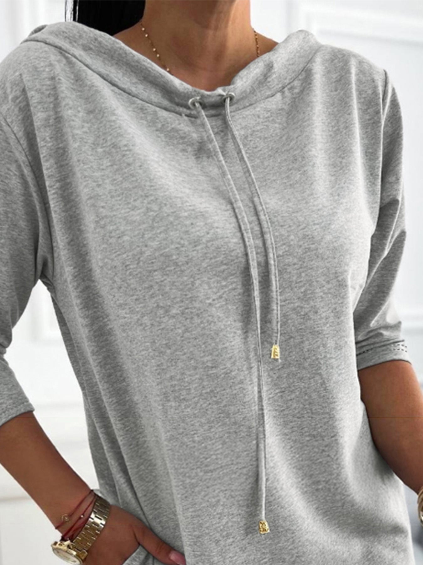 Stand Collar Drawstring Three Quarters Sleeve Casual Sweatshirt Dress