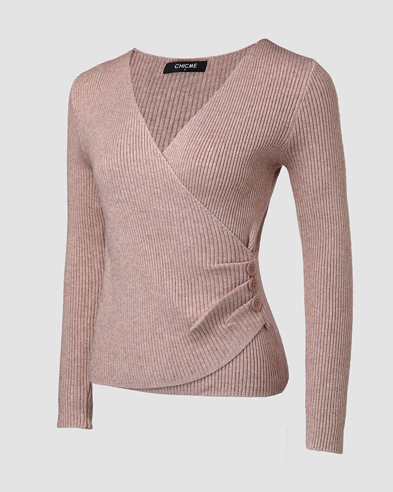 Overlap V-Neck Ruched Side Button Decor Knit Sweater Slim Fit Ribbed Pullover Top