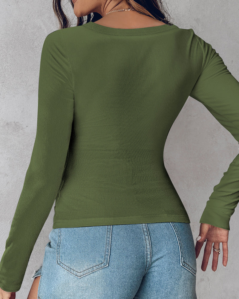 Chicme Built In Bra U Neck Long Sleeve Ribbed Top