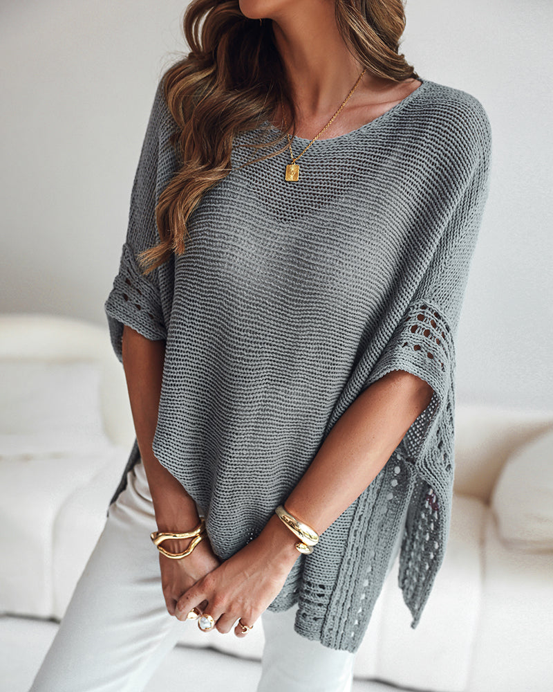 Solid Batwing Sleeve Hollow Out Crochet Pattern Top Casual Cover Up