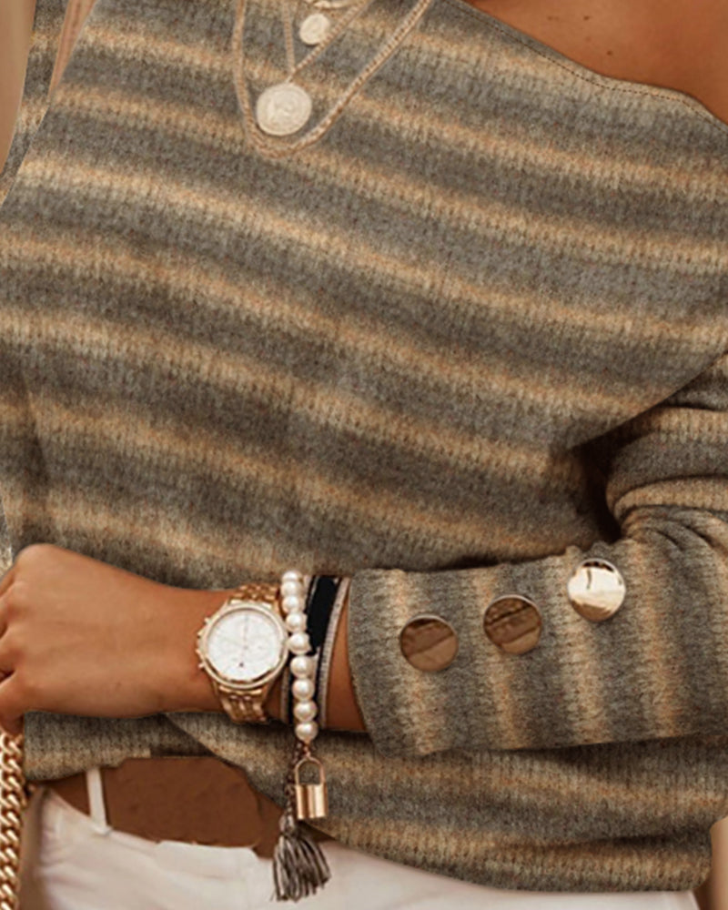 Striped Pattern Skew Neck Button Decor Sweater Casual Drop Shoulder Waffle Knit Top