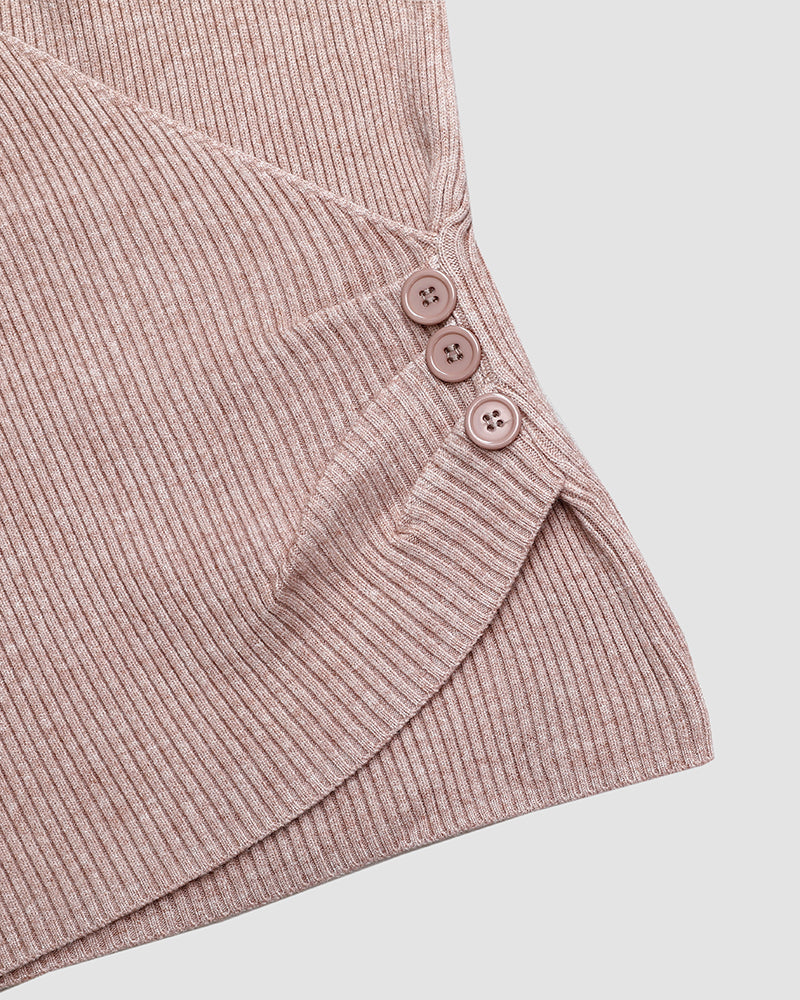 Overlap V-Neck Ruched Side Button Decor Knit Sweater Slim Fit Ribbed Pullover Top