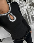 Rhinestone Decor Keyhole Neck Hollow Water Drop Ribbed Top Long Sleeve Slim Fit Layering Top