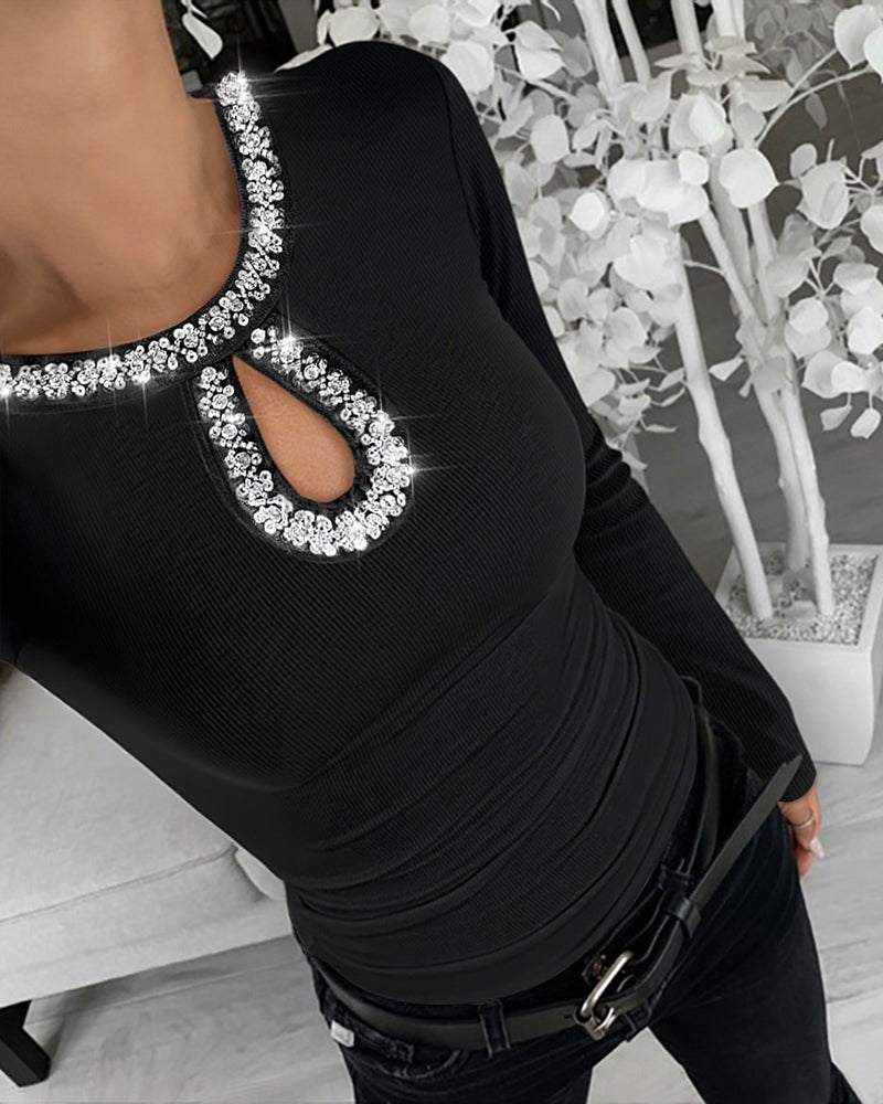 Rhinestone Decor Keyhole Neck Hollow Water Drop Ribbed Top Long Sleeve Slim Fit Layering Top