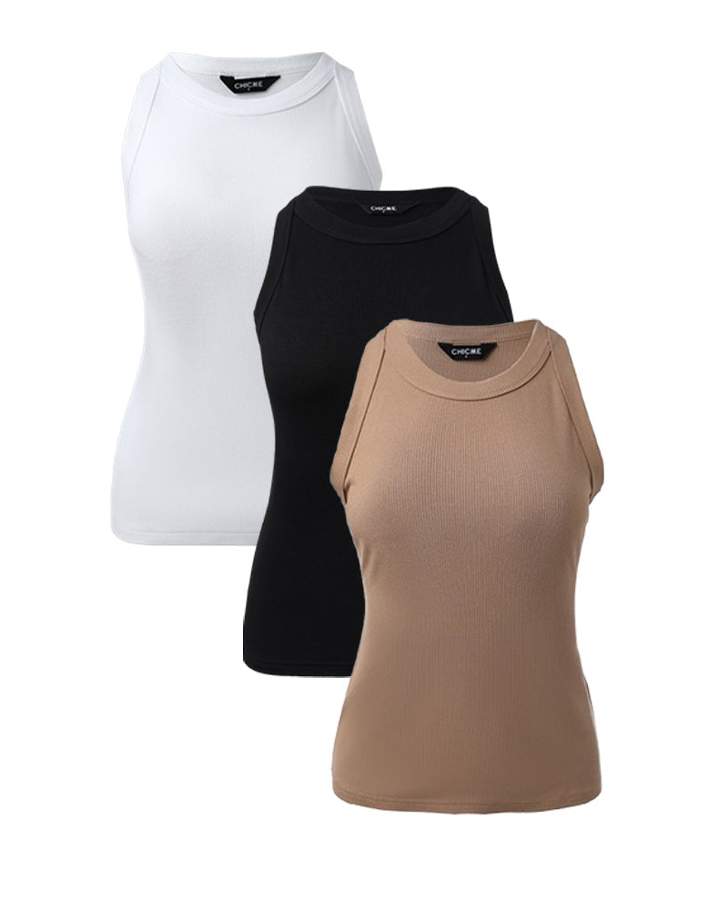 3 Pack Knit Round Neck Thick Strap Racerback Tank Tops(Without Pads)