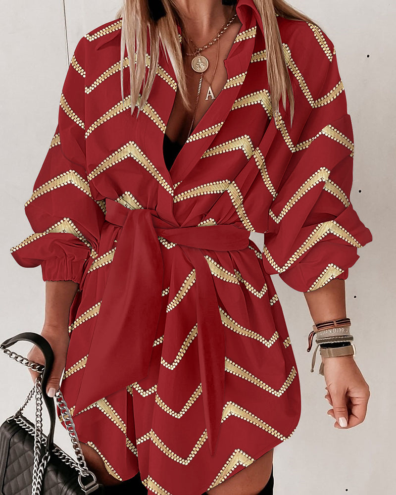 Bronzing Chevron Print Turn-down Collar Tied Detail Shirt Dress