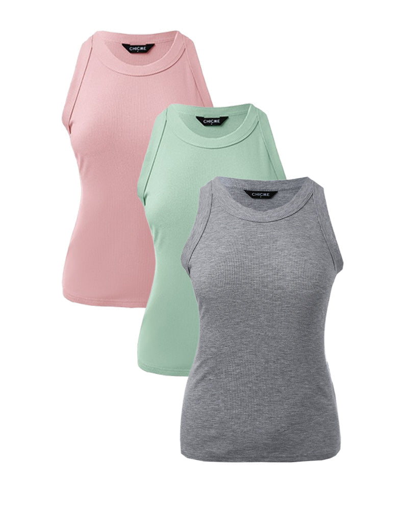 3 Pack Knit Round Neck Thick Strap Racerback Tank Tops(Without Pads)