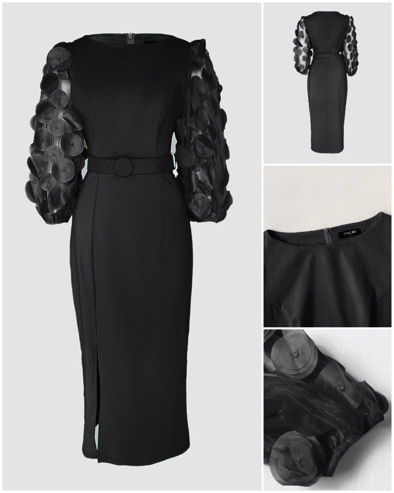 3D Polka Dot Appliques Mesh Lantern Sleeve Zipper Back Slit Work Dress Cinched Waist Slim Fit Mid Length Dress With Belt