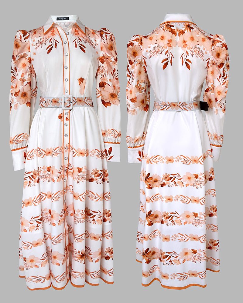 Floral Placement Print Turn-down Collar Puff Sleeve Vacation Dress Casual Button Down Shirt Dress With Belt and Lining