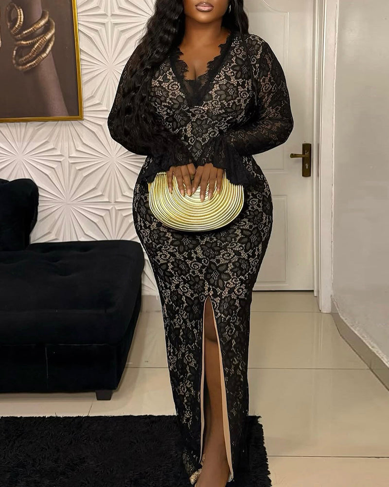 Elegant Lace Plunge V Neckline Long Sleeve Dress Casual Slim Fit Slit Evening Maxi Dress