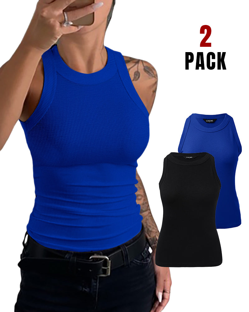 2-Pack Round Neck Thick Strap Racerback Ribbed Tank Slim Fit Tops without Bra Pads