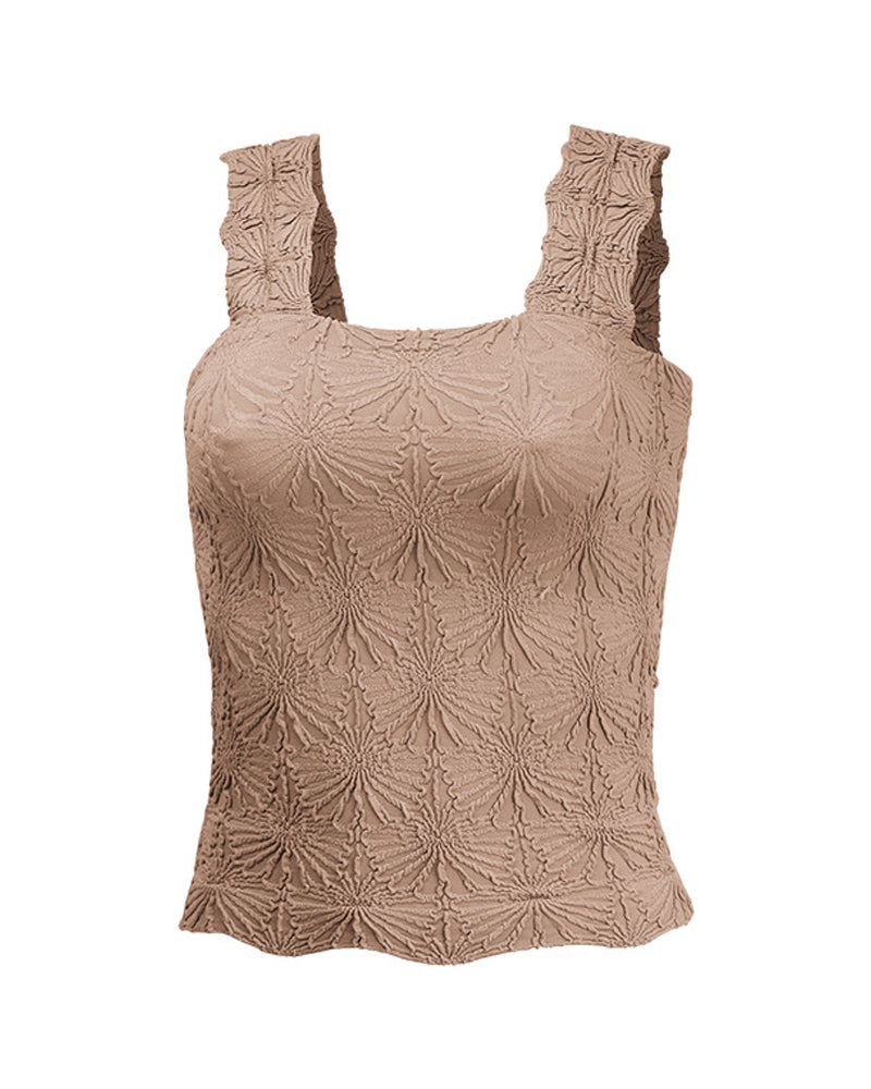 Floral Jacquard Square Neck Thick Strap Crop Tank Casual Sleeveless Top