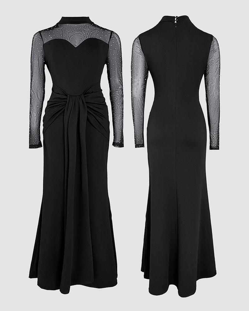 Rhinestone Decor Mock Neck Mesh Yoke Zipper Back Party Dress Cinched Waist Draped Mermaid Hem Maxi Evening Dress
