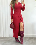 Long Sleeve Waist Twist Bodycon Slit Dress Casual Slim Fit Midi Dress