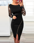 Floral Pattern Contrast Sequin Cold Shoulder Bodycon Dress Zip Up Sheer Mesh Patch Midi Dress